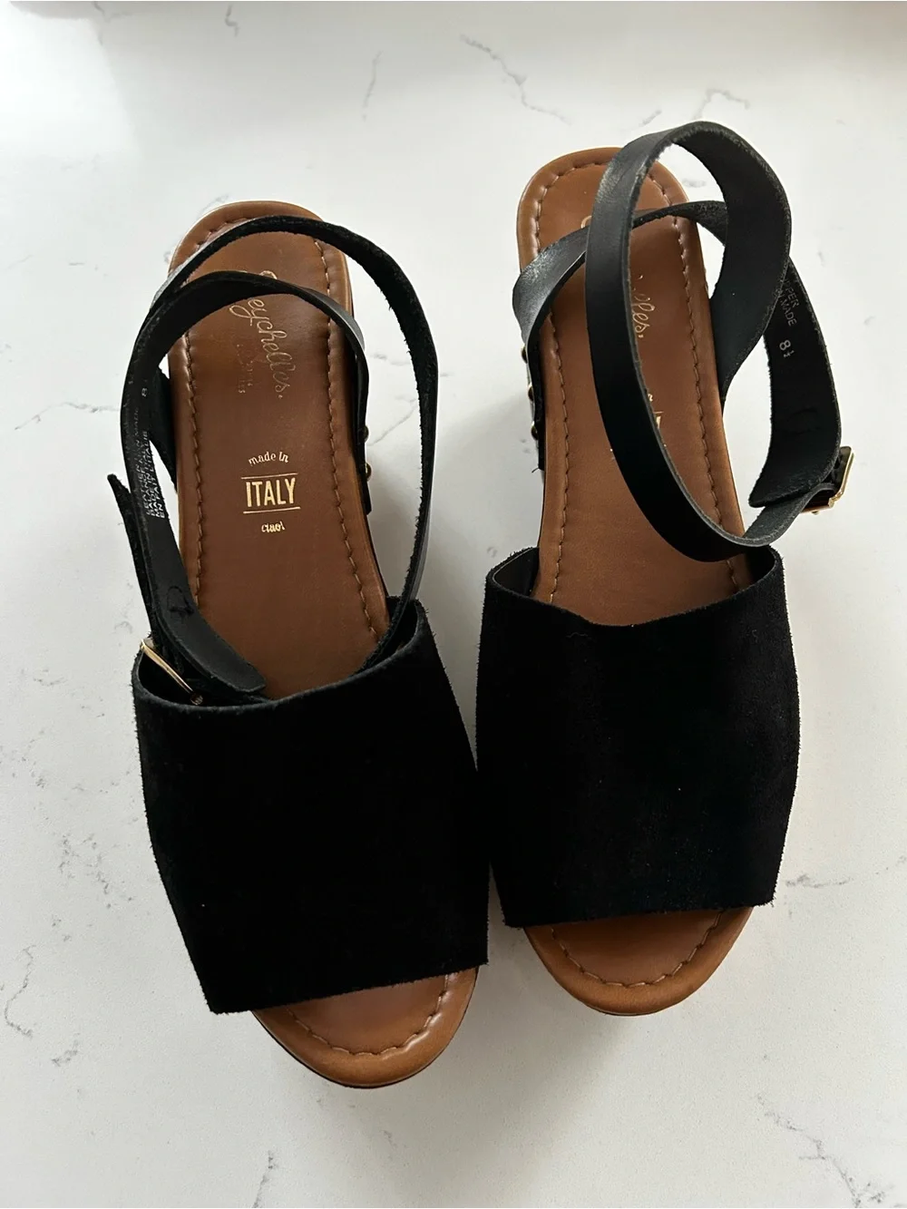 Seychelles black platform sandal heels leather suede size 8.5